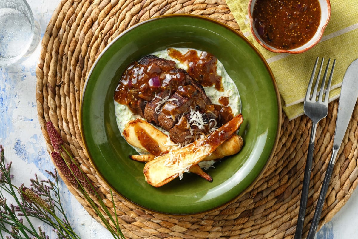 Steak with Mascarpone-Broccoli Purée