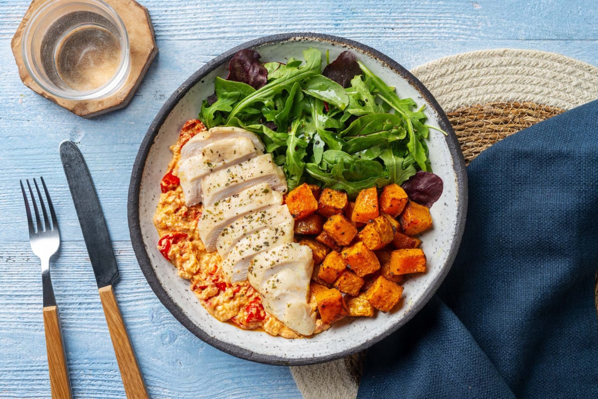 Baked Chicken on a Bed of Creamy Feta and Tomatoes