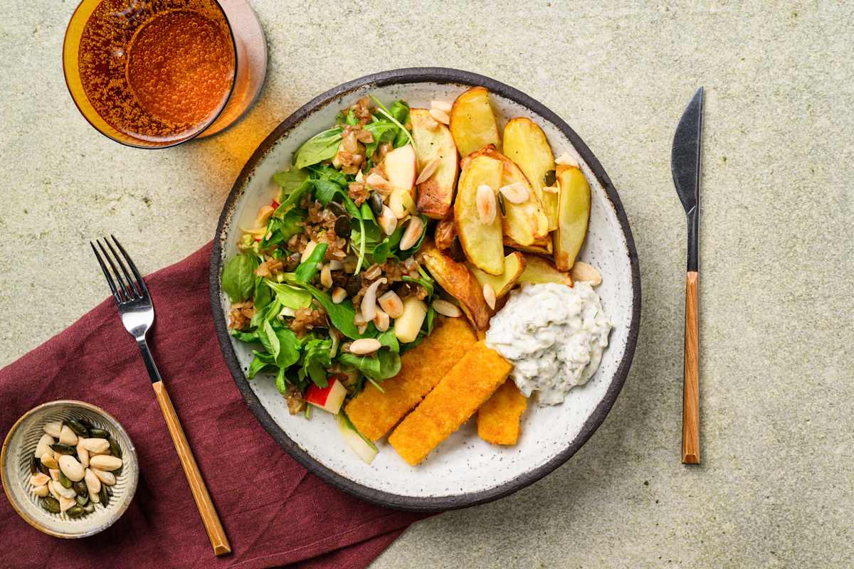 Vegan 'fish' and chips met zelfgemaakte ravigotesaus 