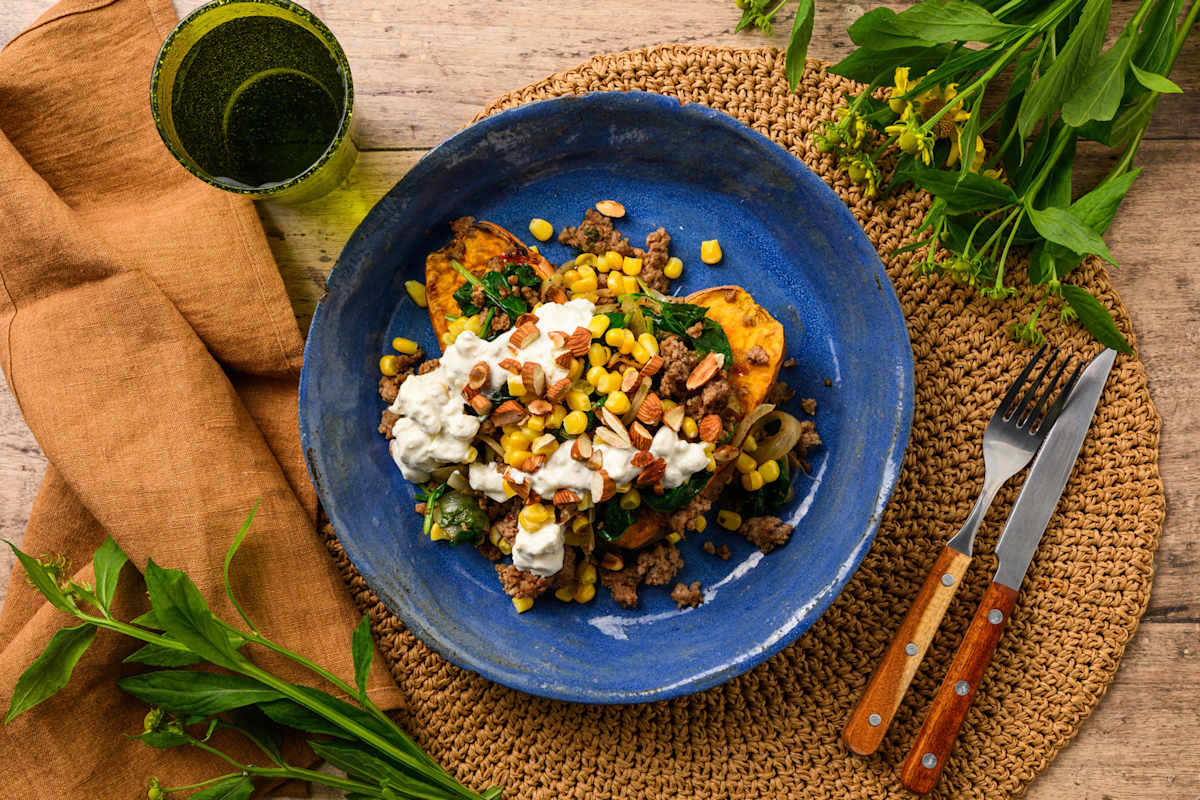 Sweet potatoe chorizo feta