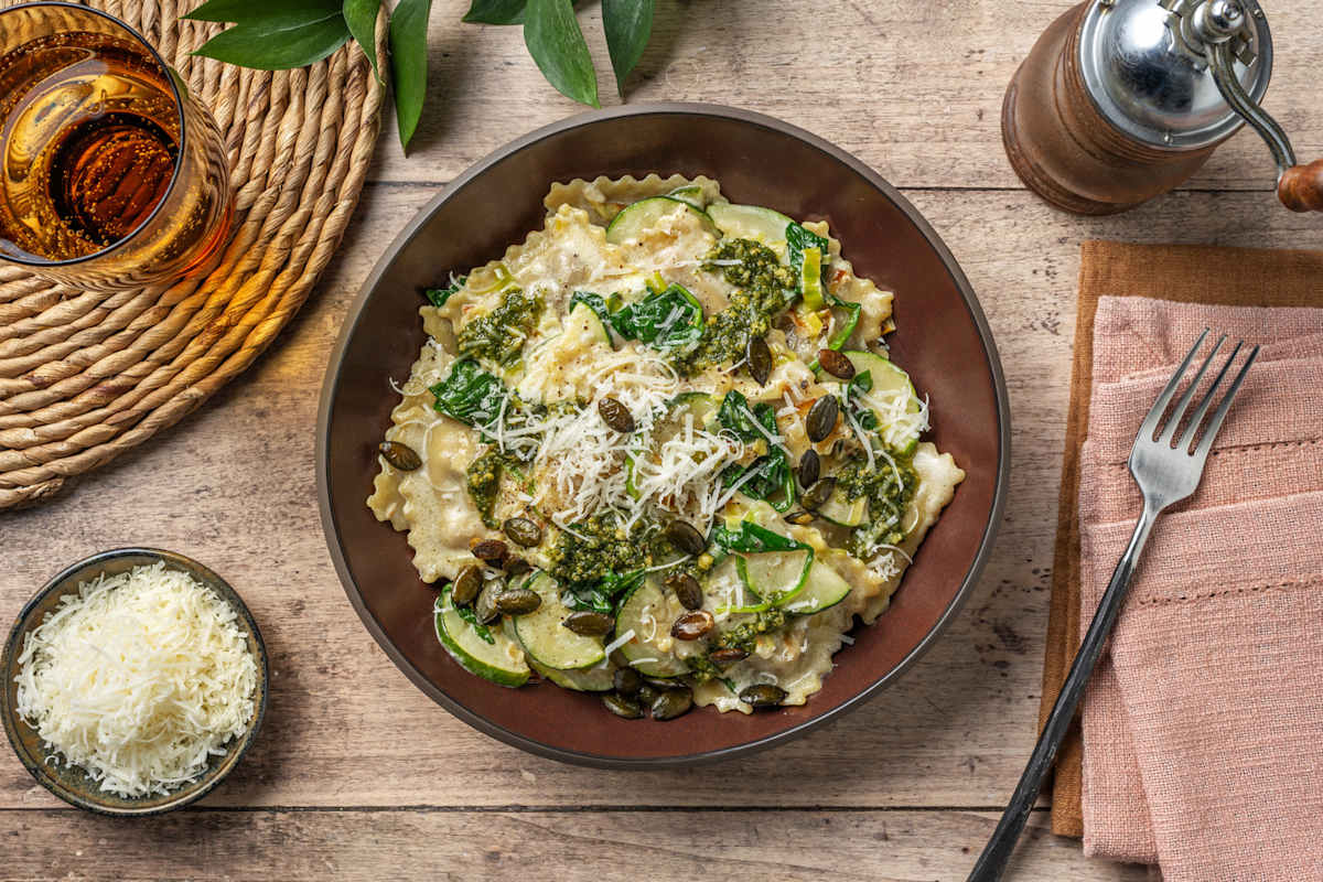 Ravioli met courgette en spinazie in romige mascarponesaus