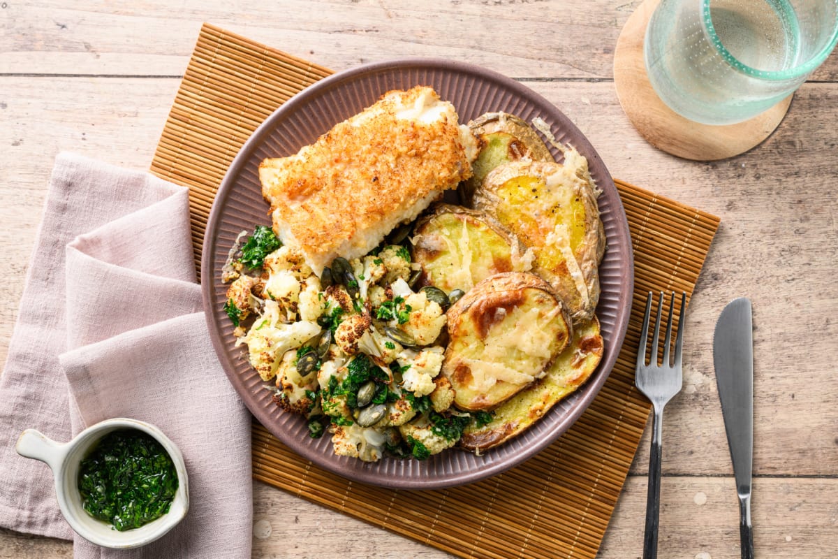 Kabeljauw met aardappel-bloemkoolgratin