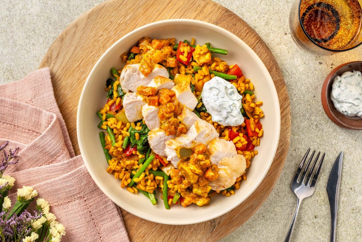 Chicken with Curry Pearl Barley, Green Beans and Romano pepper