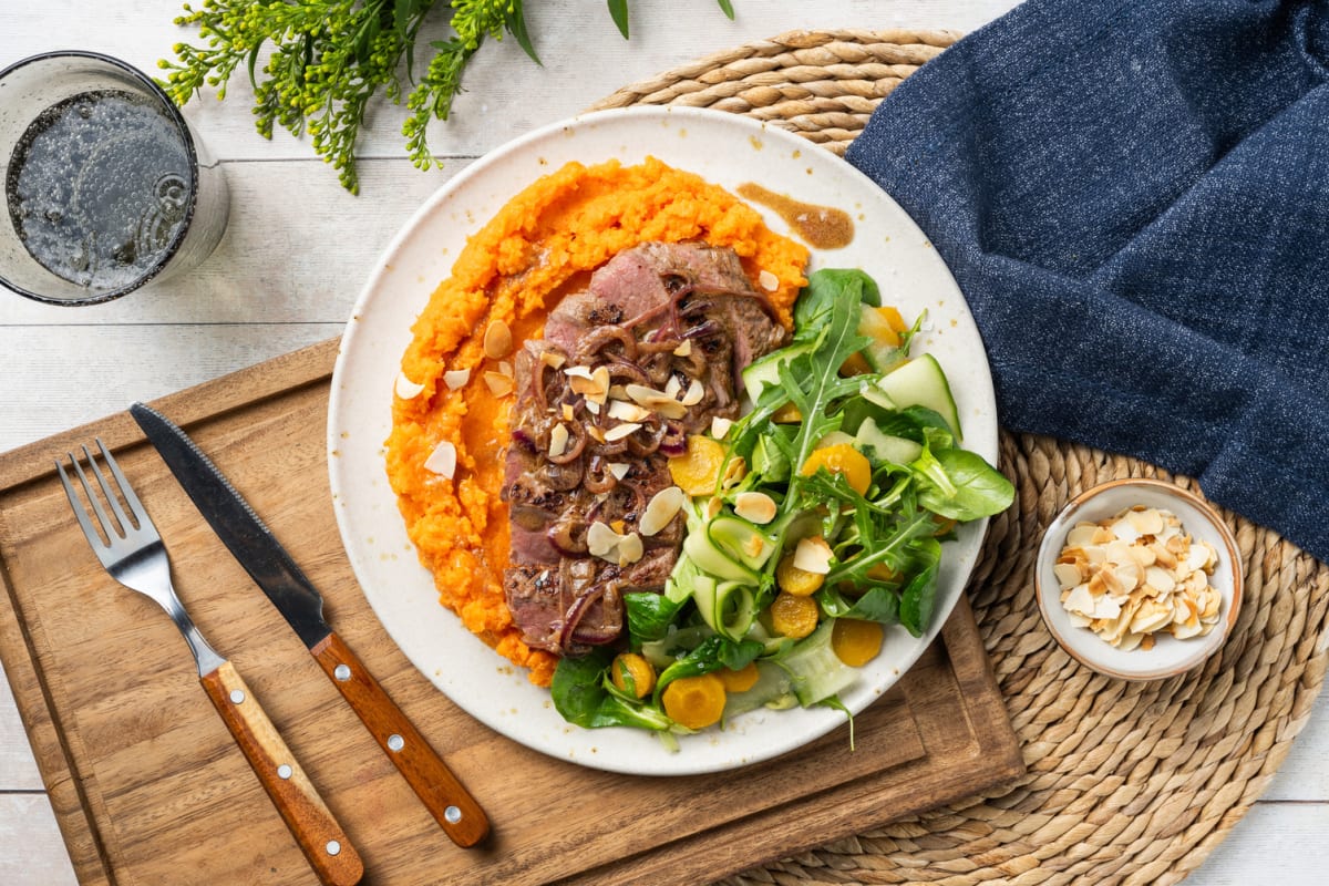 Steak met zoete-aardappelpuree