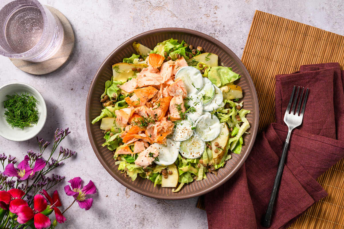 Hot smoked salmon with salted yogurt