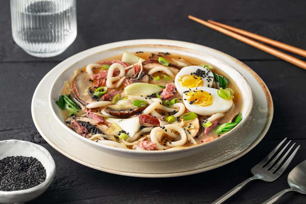 Miso-ramen met gekonfijte eend en portobello