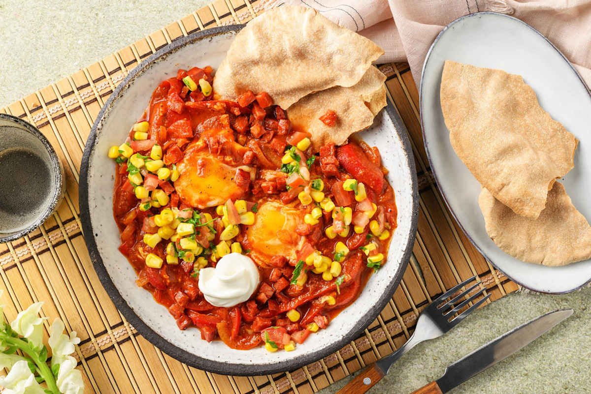 Shakshuka met chorizo, zure room en knapperig platbrood