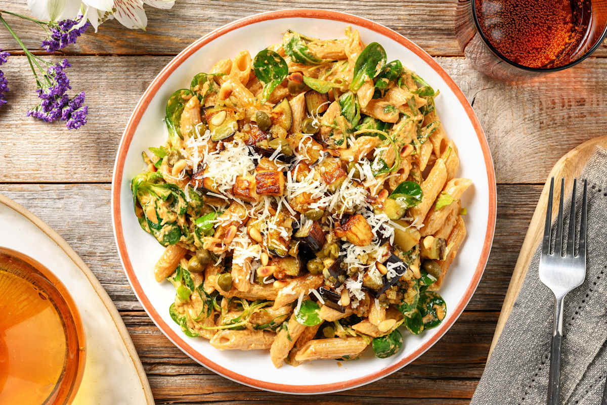 Volkoren pastasalade met aubergine