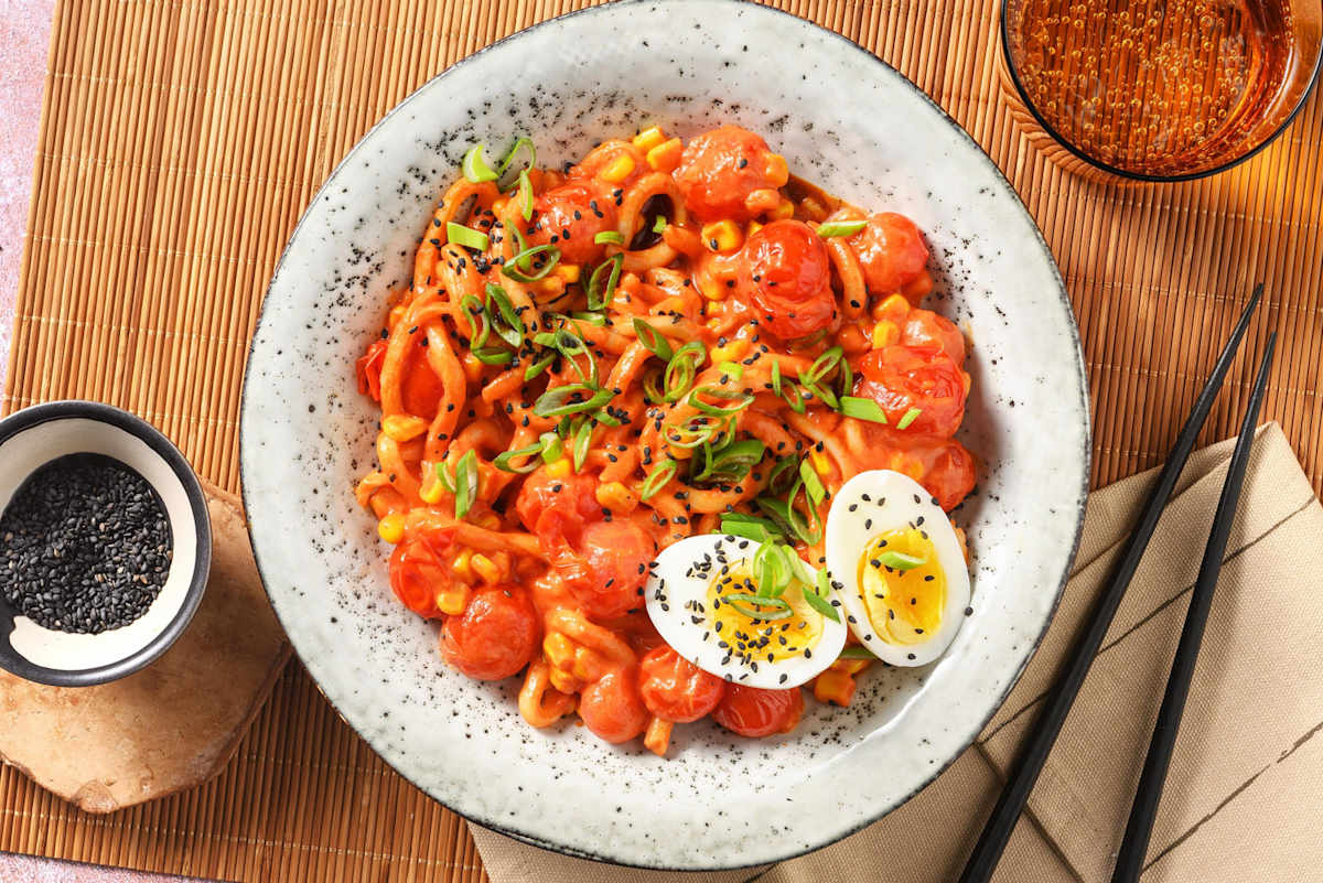 Udonnoedels met romige gochujangsaus en mais