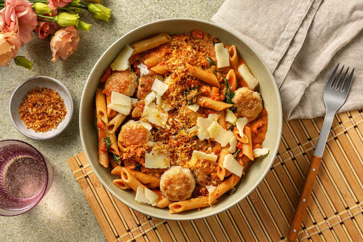 Romige volkoren pasta met kipgehaktballetjes en spinazie