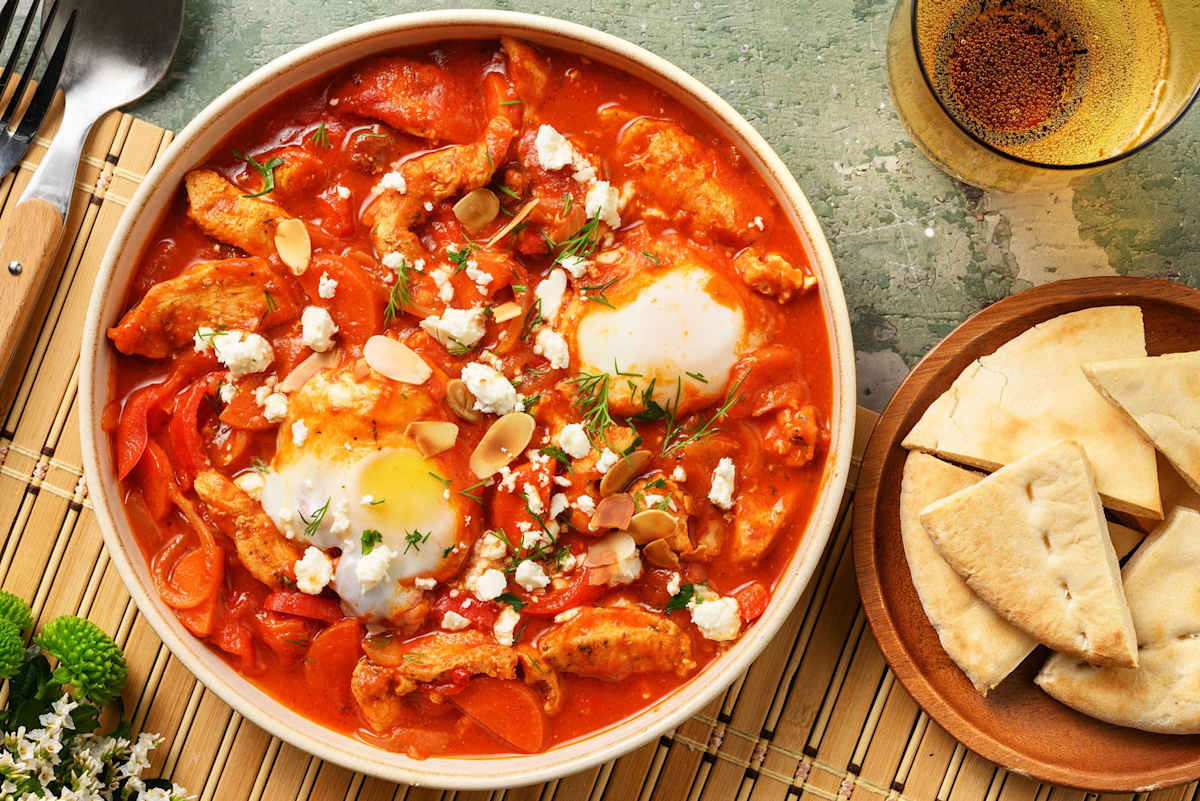 Shakshuka met kip, verse kruiden en feta