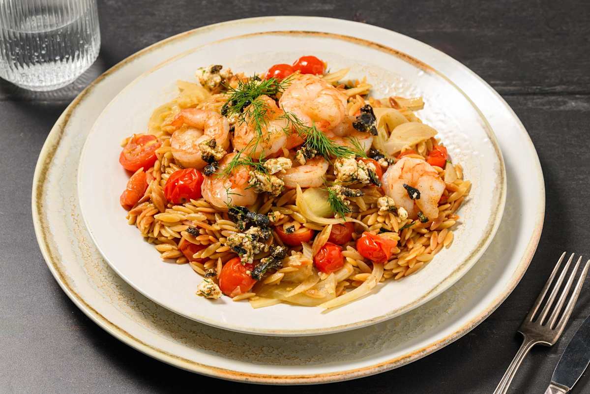 Orzotto met garnalen in schil en venkel