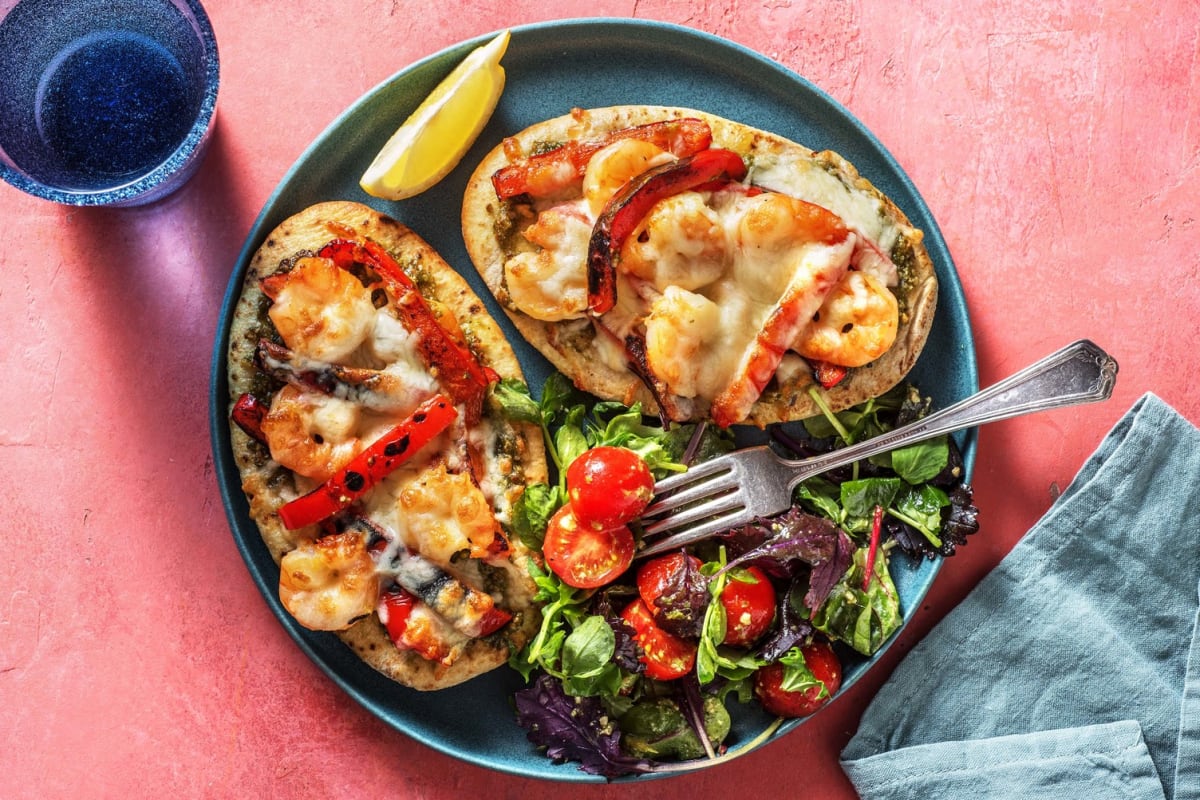 Spring Shrimp Pesto Pizzettes