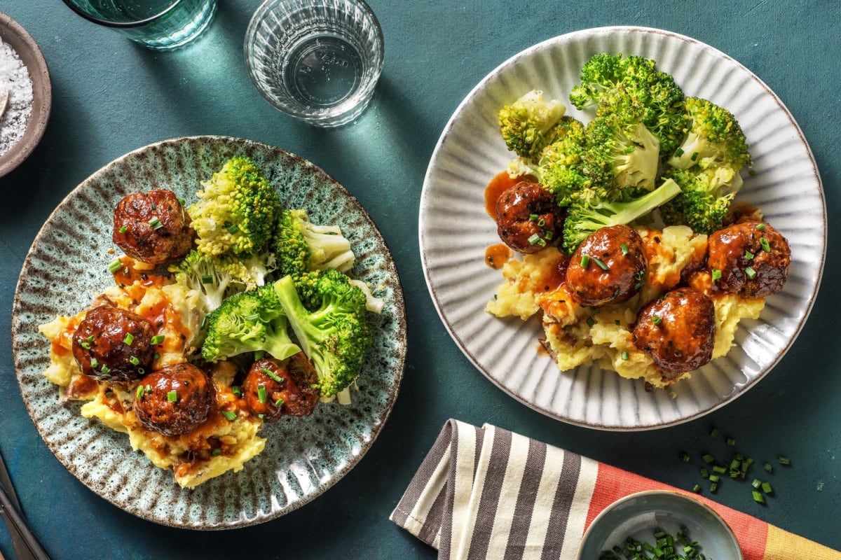 BBQ Beef Meatballs with Smashed Potatoes