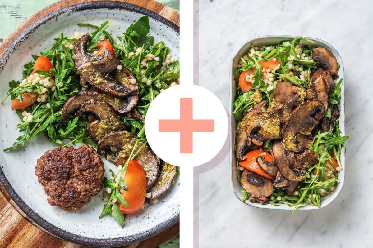 Double veggie - Salade met Duitse biefstuk en pestodressing