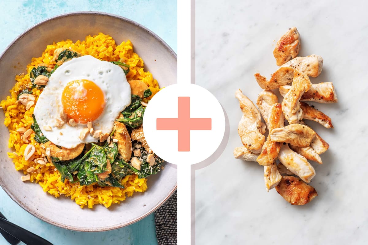 Veggie + protein - Gele rijst met kip en spinazie-kokoscurry