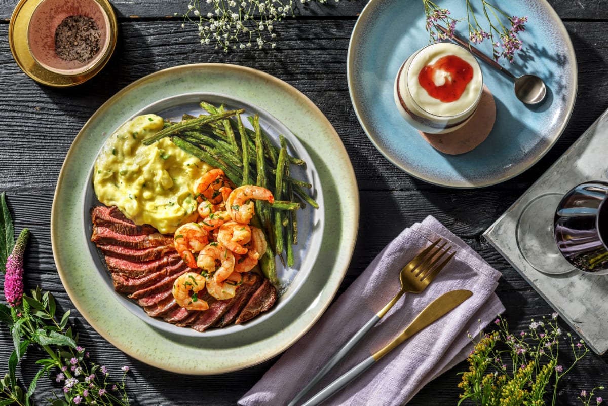 Steak and Chili-Garlic Poached Shrimp with Green Beans