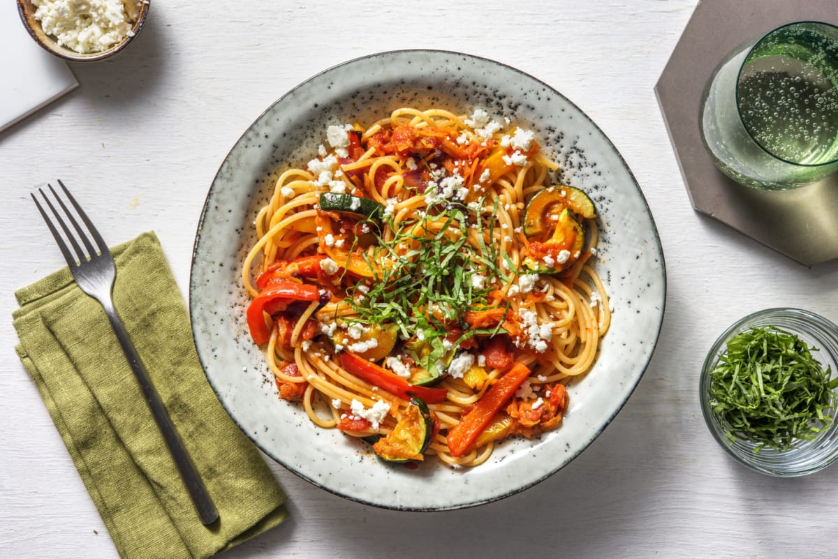 Spaghetti med rostade grönsaker