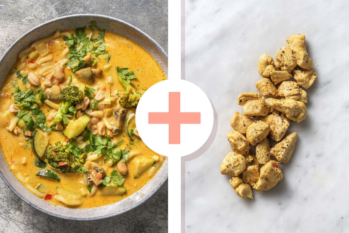 Veggie + protein - Soupe de nouilles au curry à l'asiatique avec des aiguillettes de poulet en extra