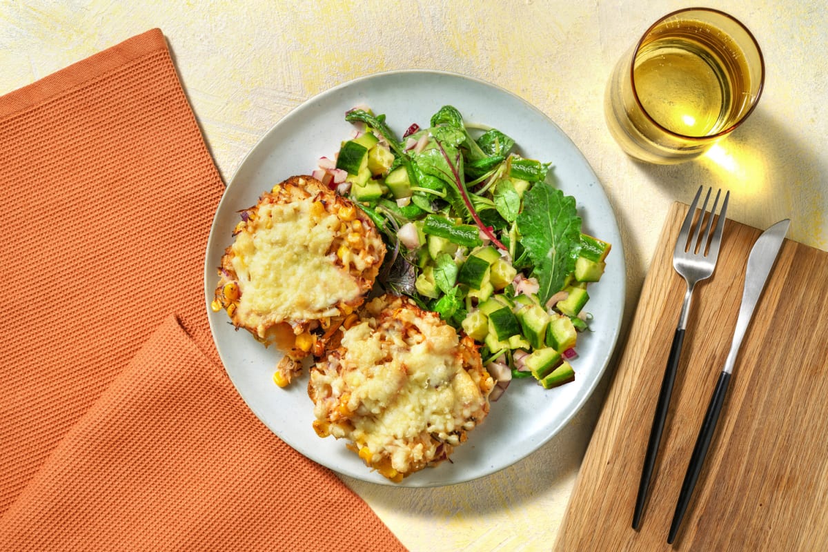 Vegetarische tuna melts met zure room en mais