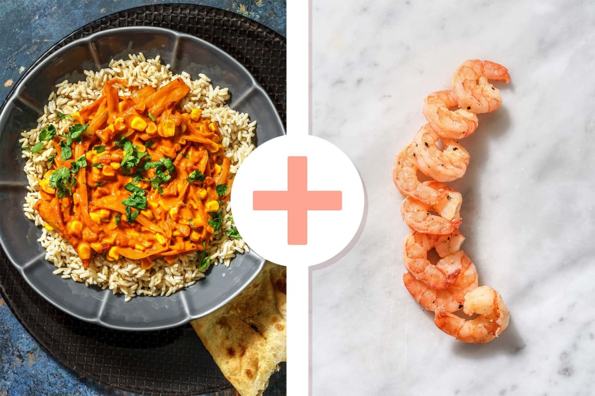 Veggie + protein - Curry à l'indienne au fenouil et au maïs avec des crevettes en extra