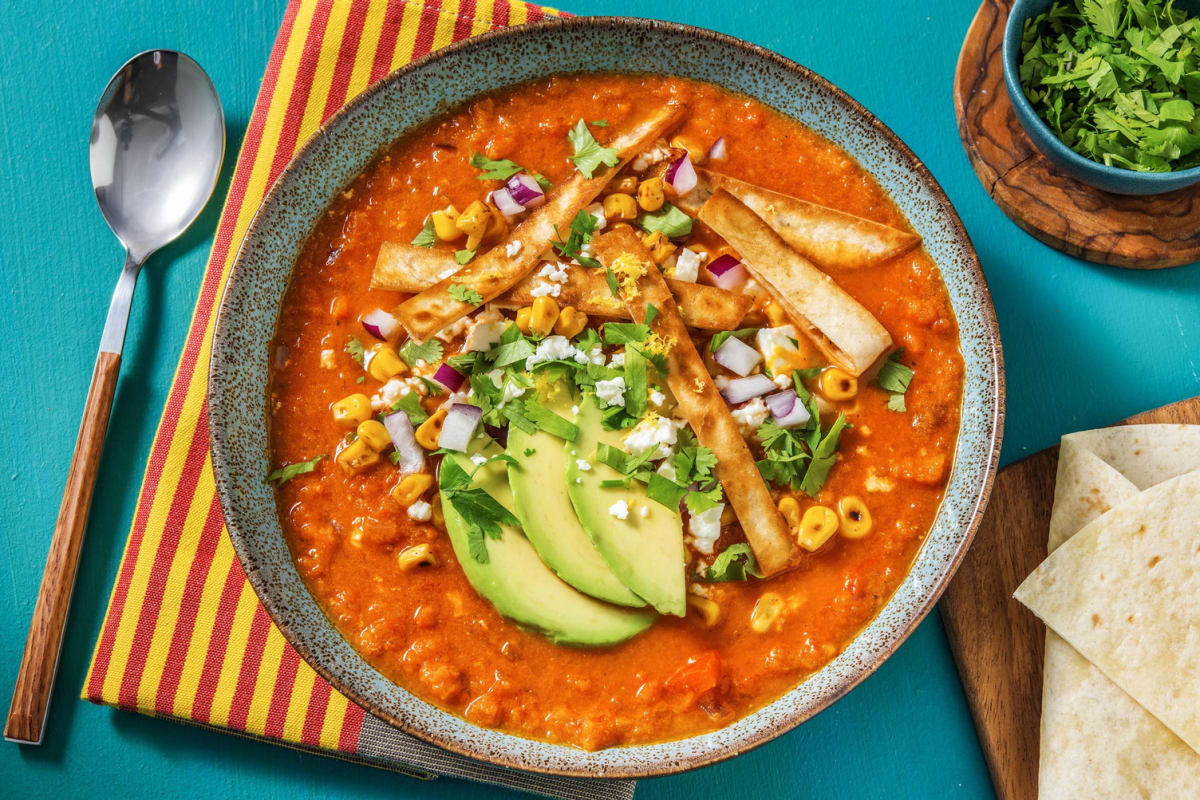 Soupe aztèque, maïs grillé & avocat