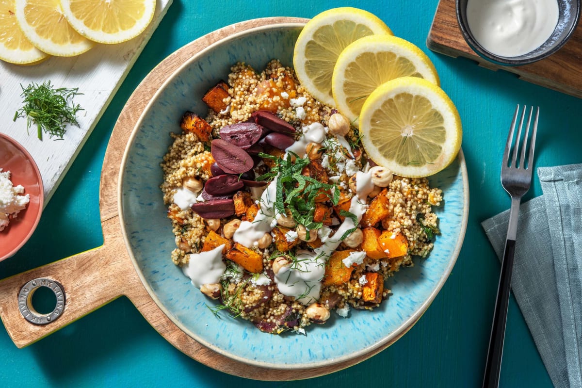 Salade de quinoa, courge rôtie & tahini
