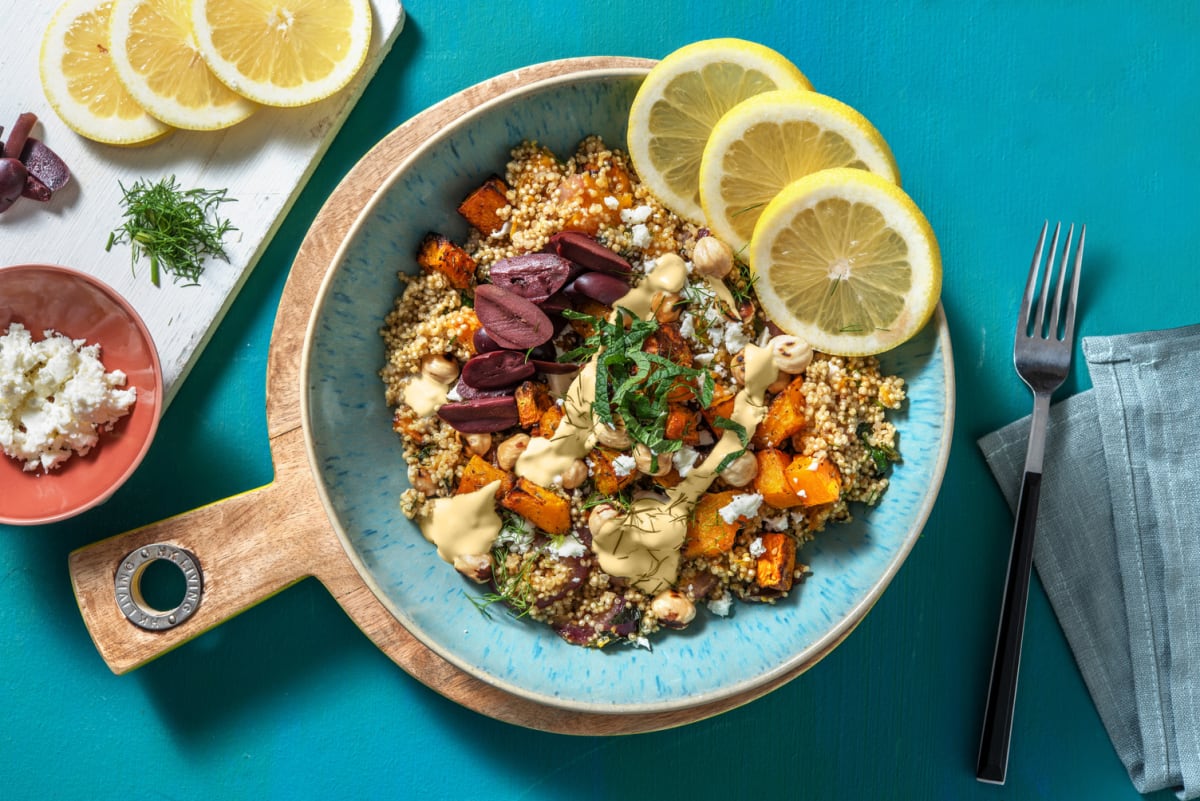 Salade de quinoa, courge rôtie & tahini