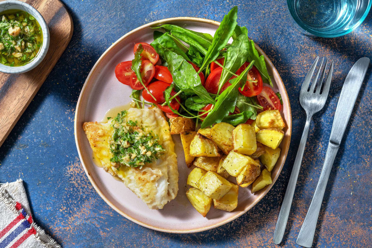 Pan-Fried Sea Bass and Walnut Parsley Pesto