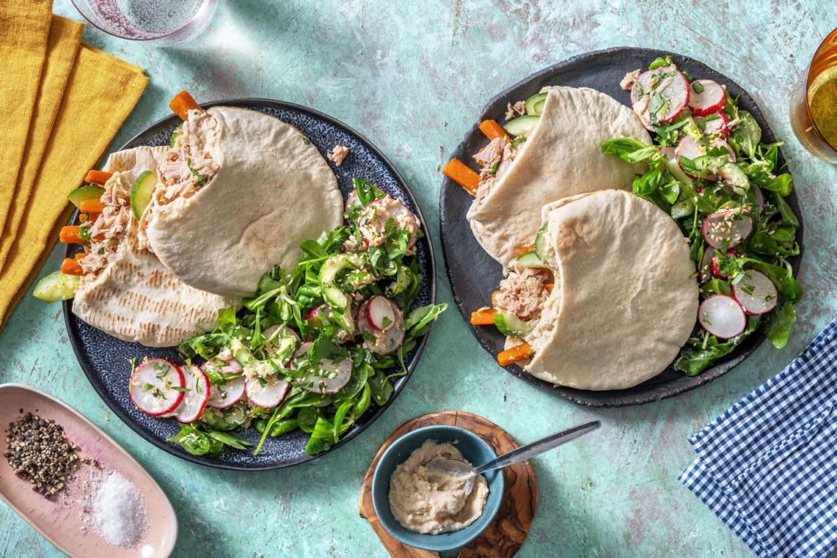 Pitas au thon, houmous & carottes au cumin