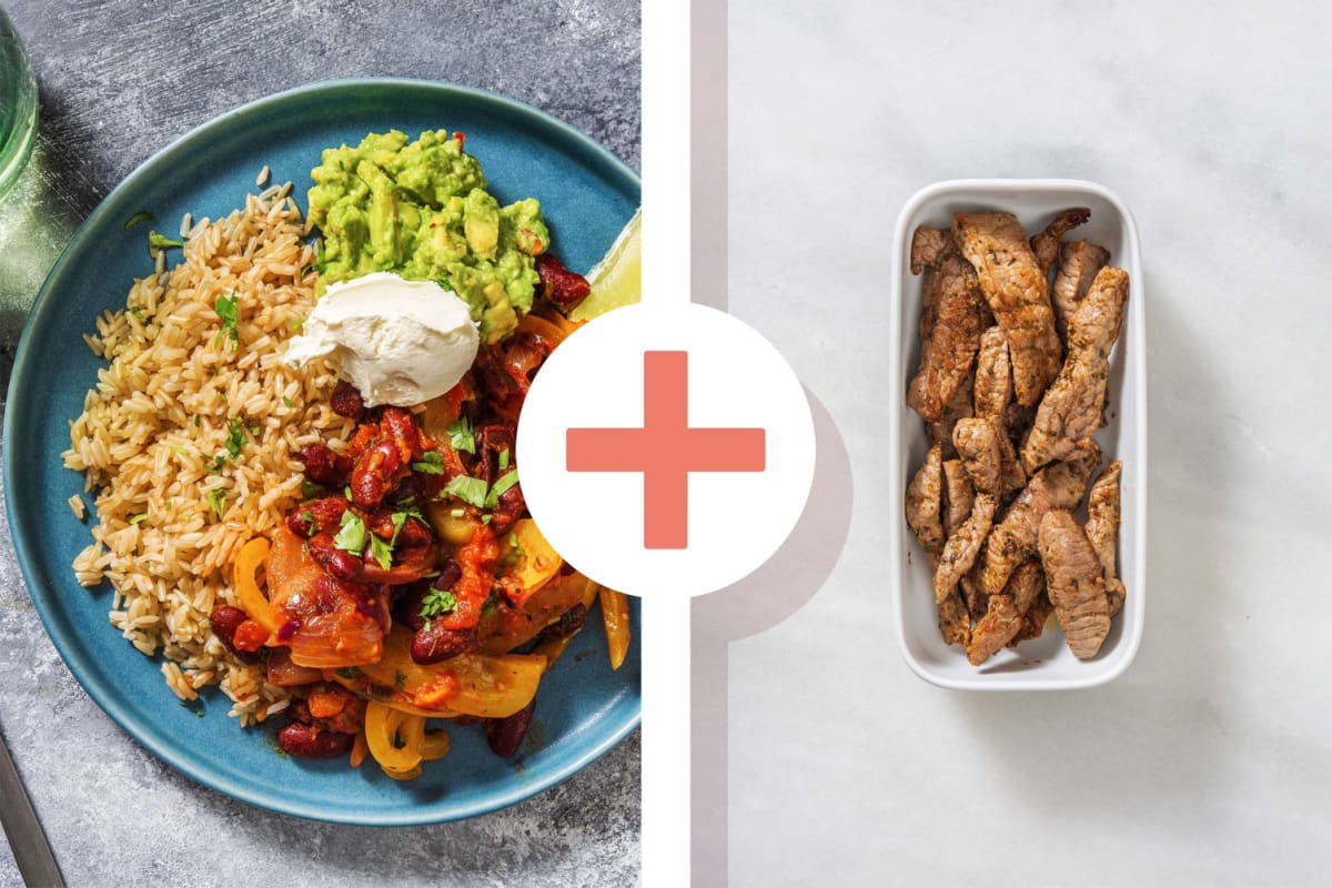 Veggie+protein - Chili met biefstukpuntjes als extra