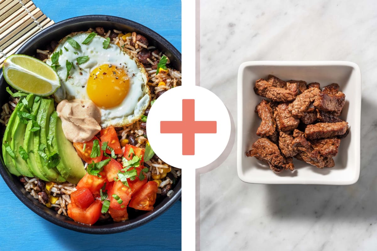 Veggie + protein: Rijstbowl met biefstukpuntjes als extra