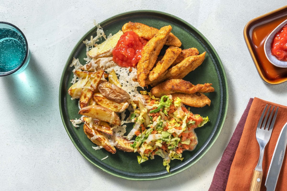 Würzige Pouletstrips mit Rüebli-Slaw