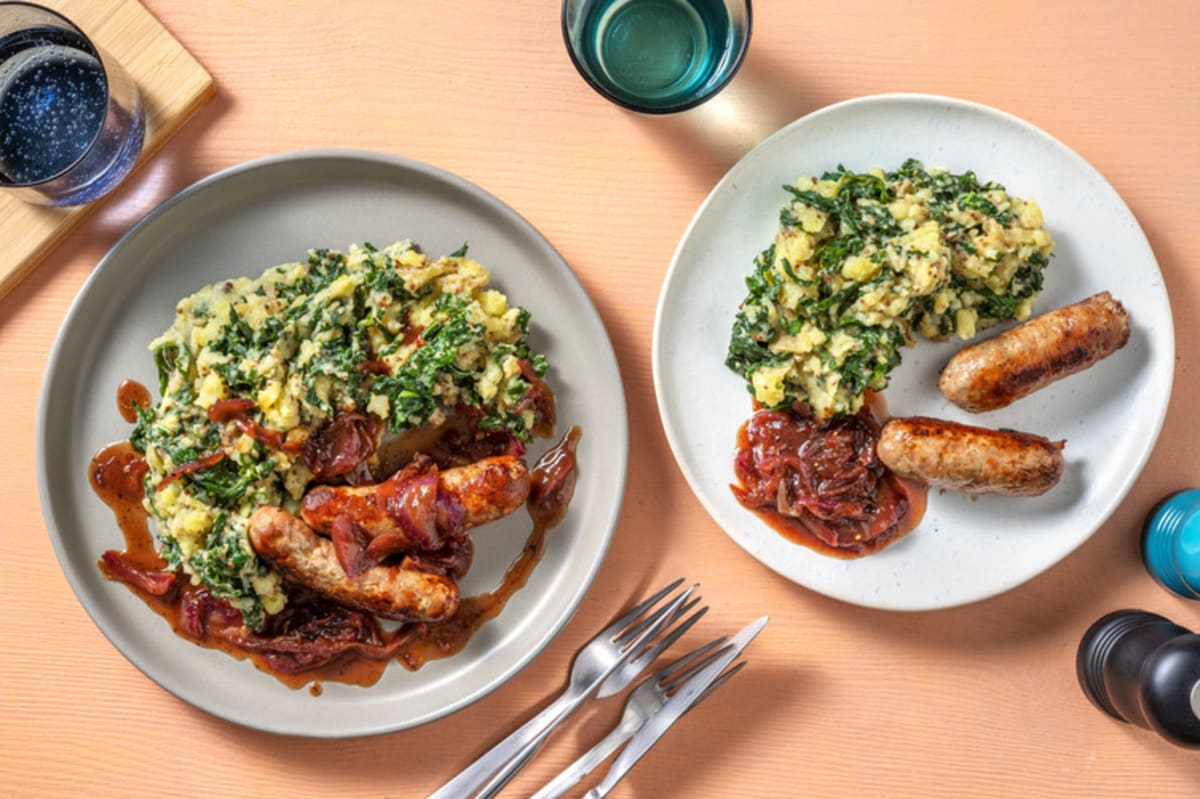 Sausages with Spinach Colcannon