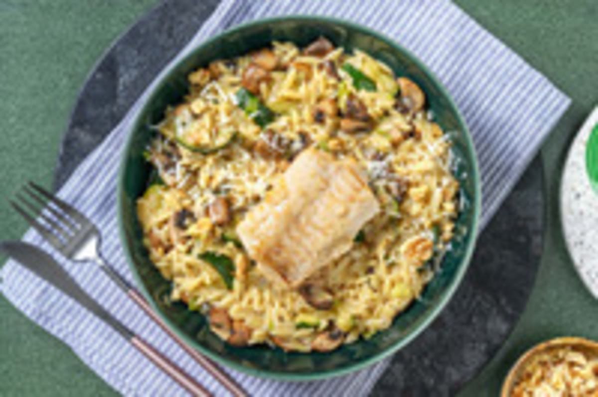 Veggie + protein - Risotto d’orzo aux champignons et à la courgette 