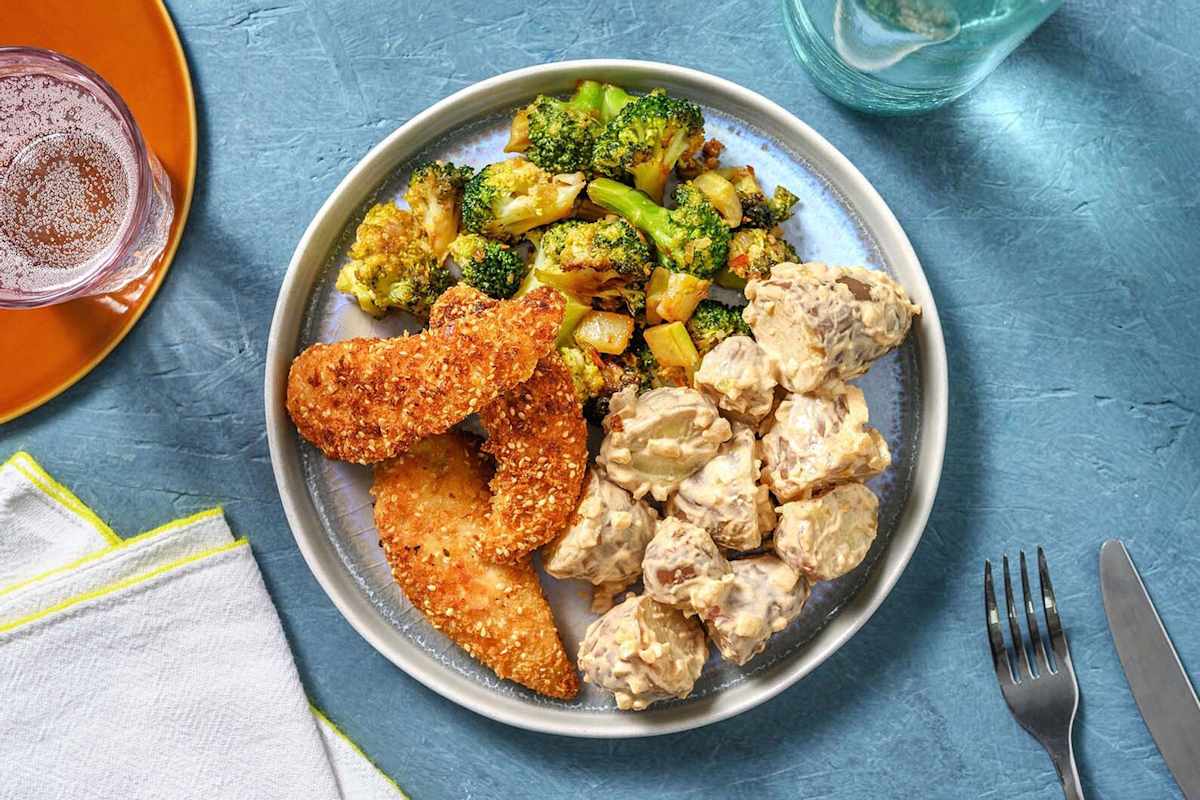 Gepaneerde sesamkip met pittige broccoli