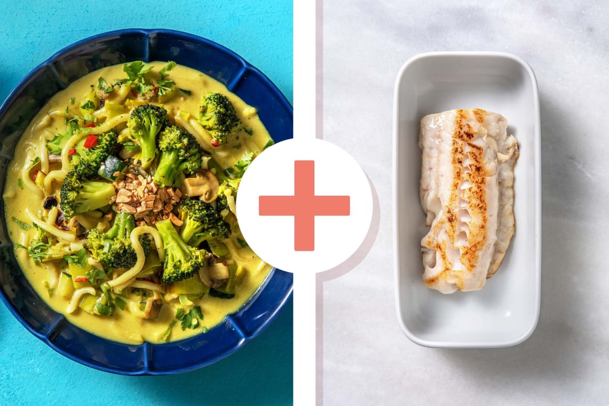 Veggie + protein - Soupe de nouilles au curry et filet de cabillaud en extra