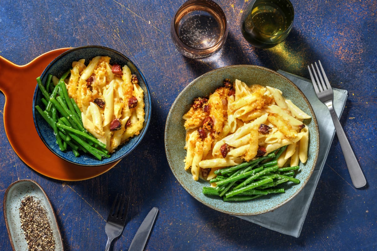 Chorizo and Chicken Breast Crusted Baked Penne