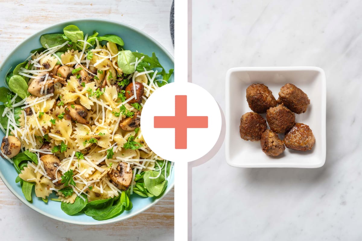 Veggie + protein - Farfalle et boulettes de bœuf épicées en extra