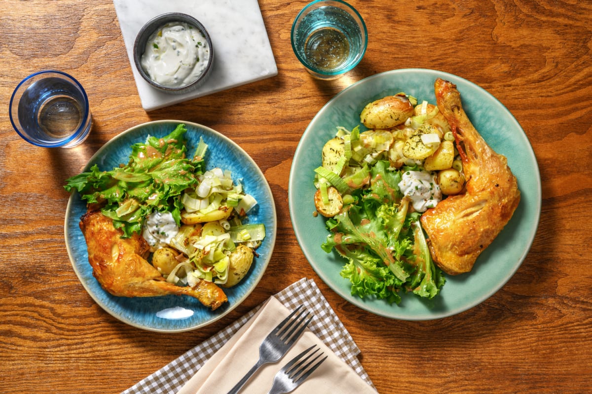 Cuisse de poulet, grenailles & poireaux rôtis