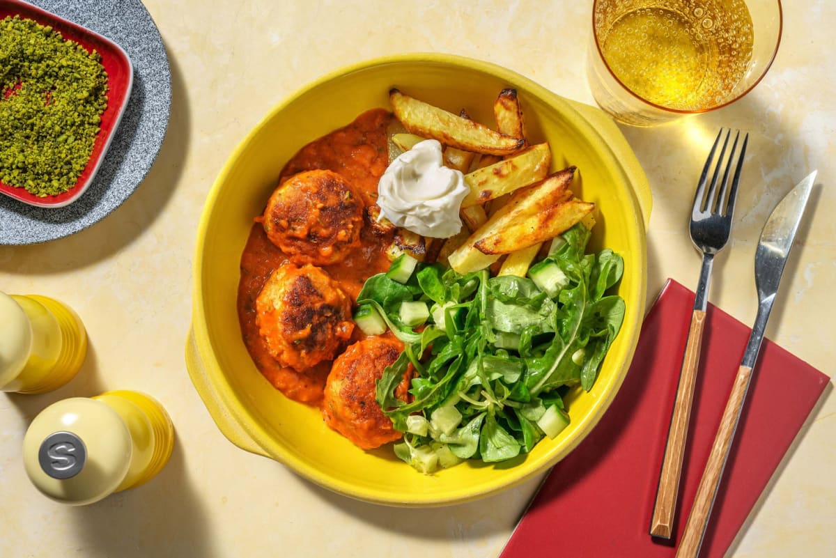 Gehaktballetjes in tomatensaus met frietjes