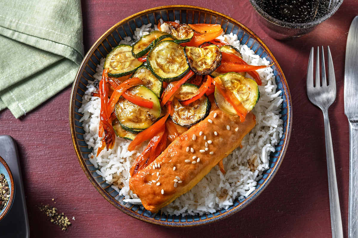 Zalm in hoisinsaus met geroosterde groenten