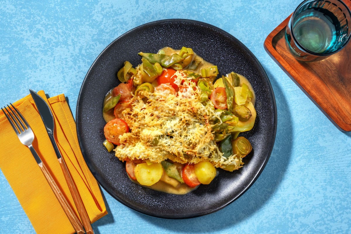 Romige ovenschotel met aardappelschijfjes en snijbonen