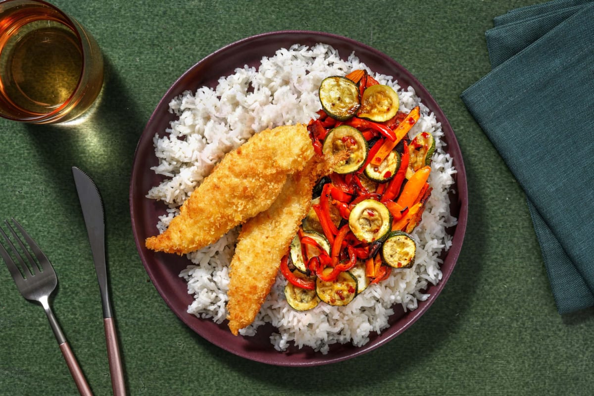 Poulet en croûte de sésame et légumes rôtis