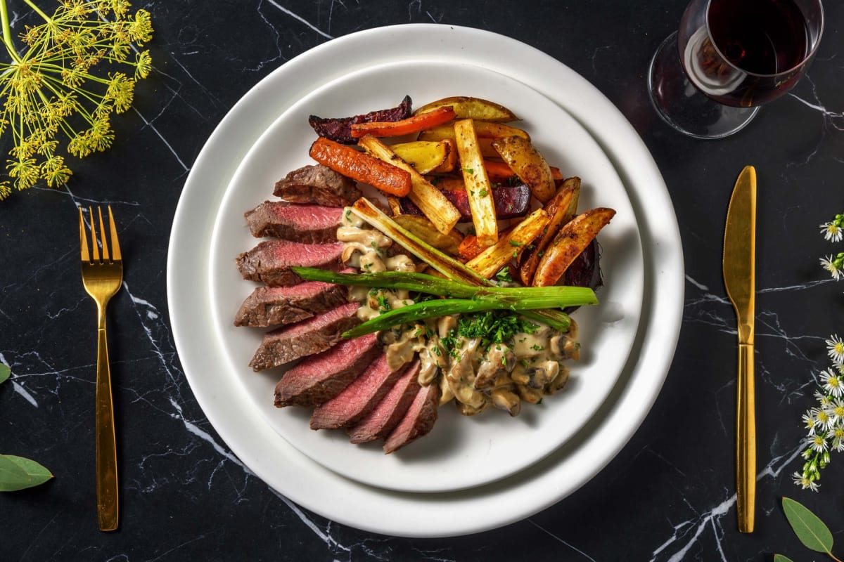 Stegt rumpsteak og cremet svampesauce