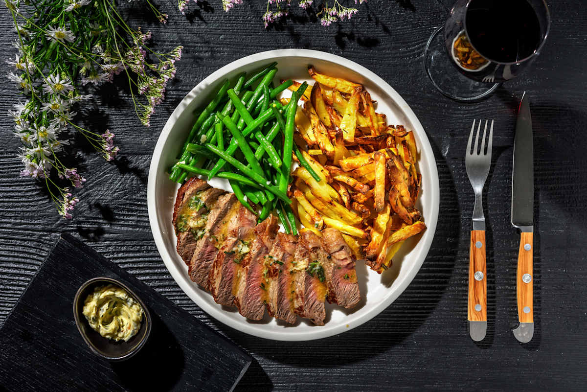 21 Day Aged Sirloin Steak and Cheesy Rosemary Chips