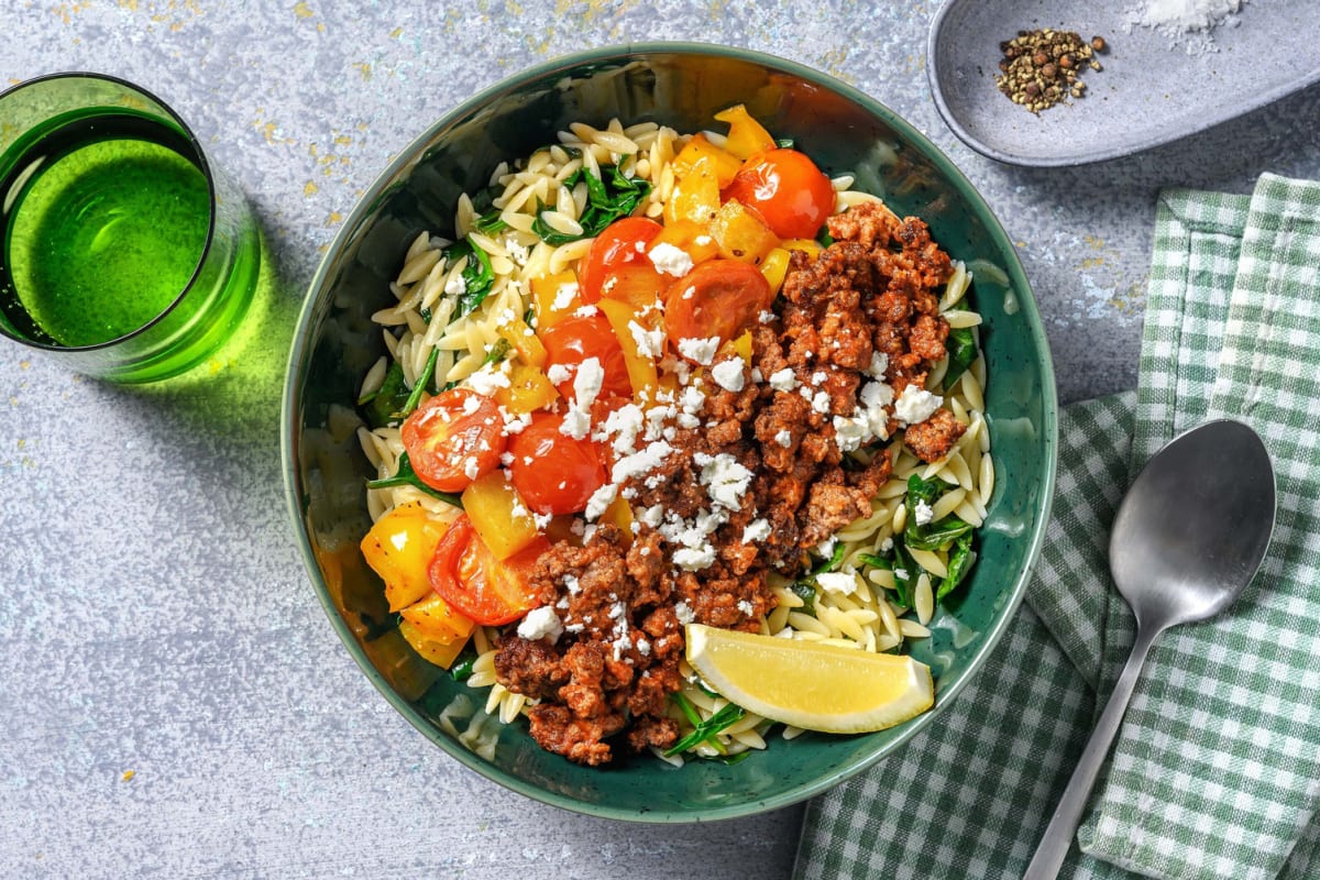 Lemony Double Beef and Orzo Bowls