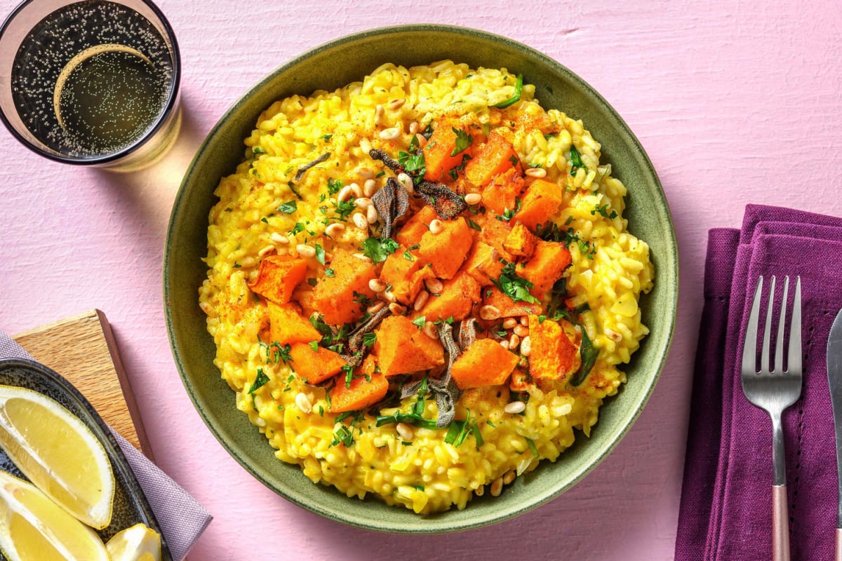 Kürbis-Risotto mit gebackenen Hokkaidowürfeln