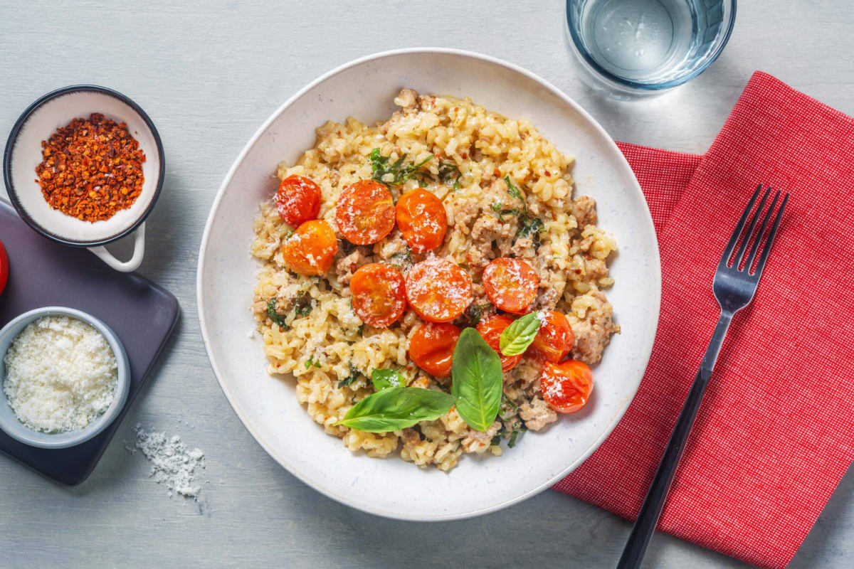 Risotto al forno alla salsiccia e basilico