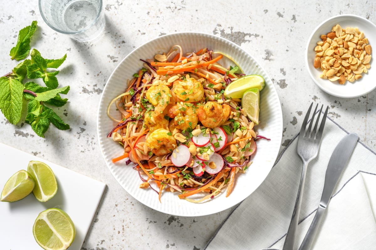 Salade rayonnante d'orzo & crevettes au curry